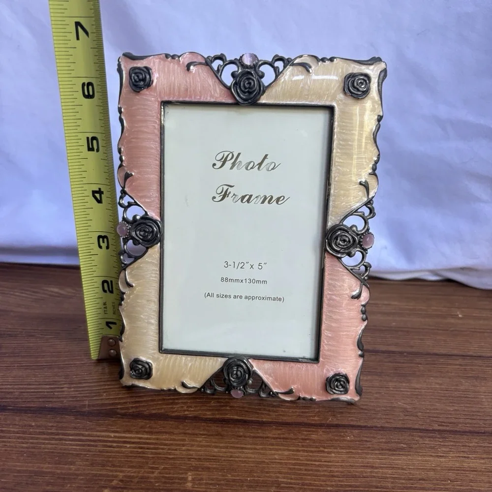 Eleganza Imports Pink Cream Enamel Rose Photo Frame 3.5x5 Ornate Metal Decor